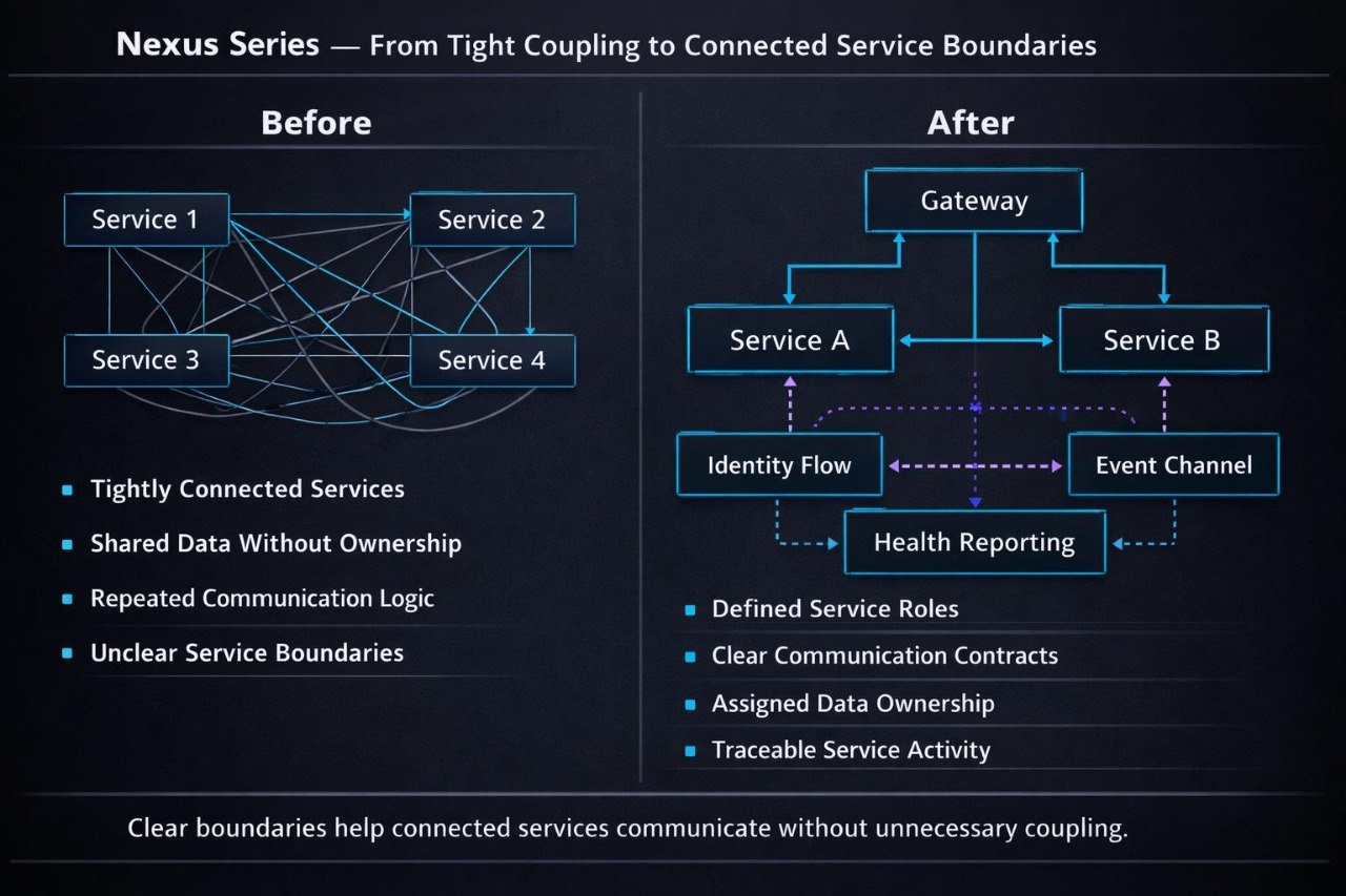 A dark presentation slide titled 'Nexus Series — From Tight Coupling to Connected Service Boundaries' comparing a 'Before' service diagram with an 'After' service diagram. The left 'Before' section shows four loosely coupled services (Service 1 through Service 4) with many connecting lines, while the right 'After' section shows two services (Service A and Service B) connected via a gateway with dotted lines and labeled boxes.