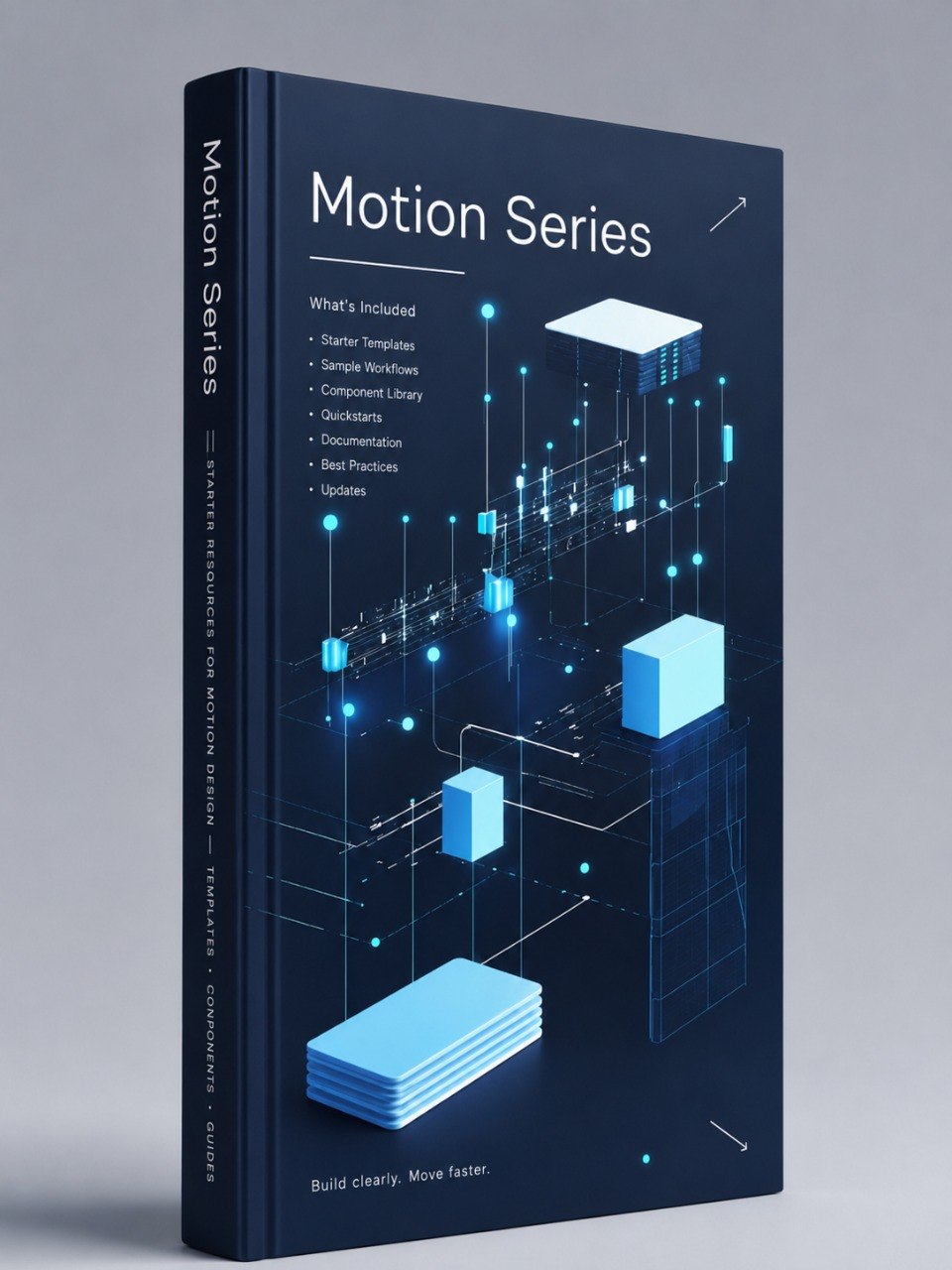 A hardcover book titled "Motion Series" shown standing upright on a light gray background. The cover is dark navy blue with white text and glowing cyan-blue isometric geometric graphics.