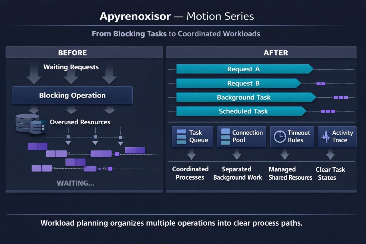A dark navy technical infographic titled 'Apyrenorisor — Motion Series' explaining workload coordination, with before/after process diagrams, teal and purple arrows, and explanatory text about blocking tasks and coordinated workloads.
