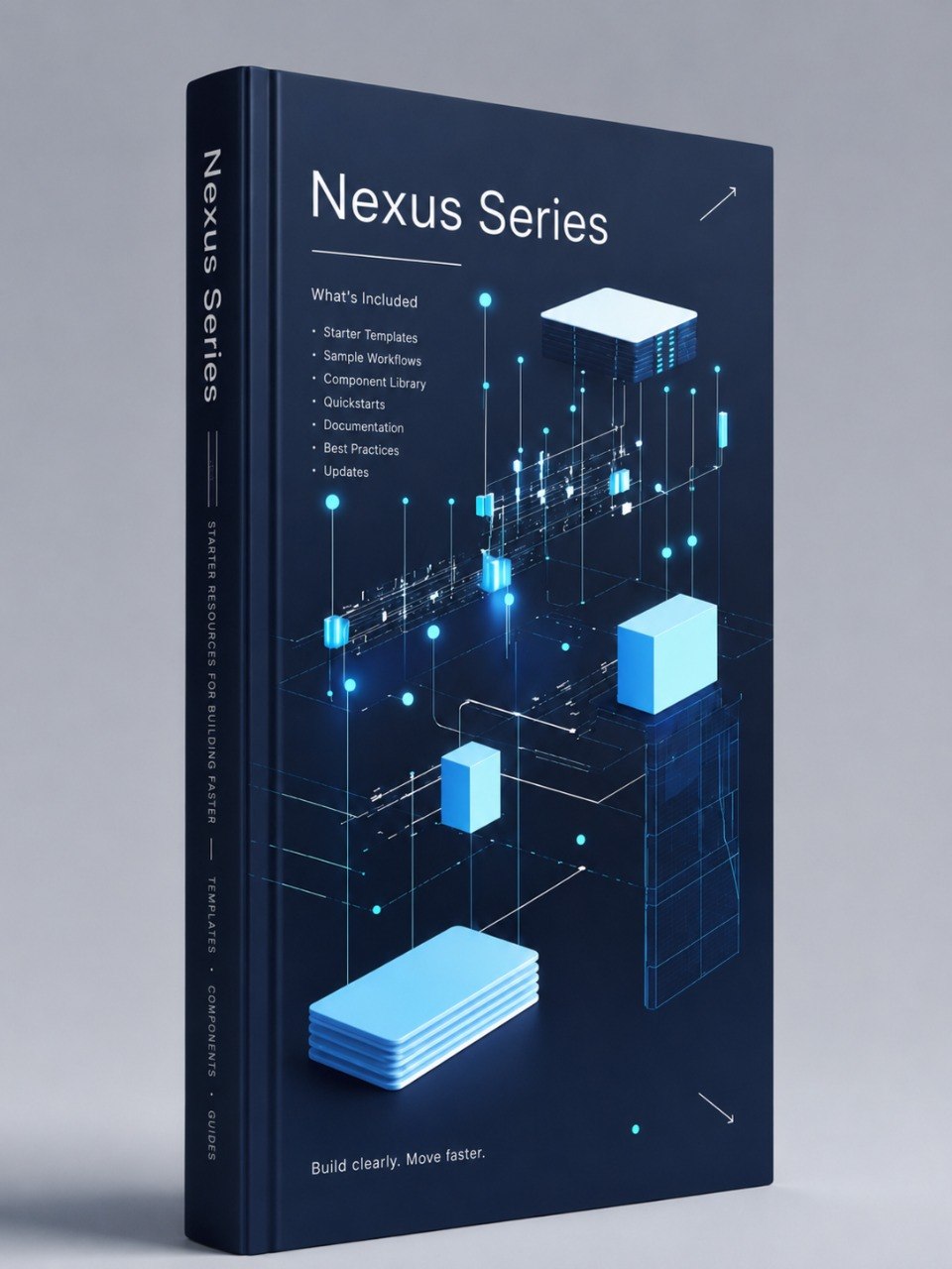 A hardcover book titled "Nexus Series" shown standing upright on a neutral gray studio background. The cover is dark navy blue with white text and light blue isometric geometric line-art illustrations.