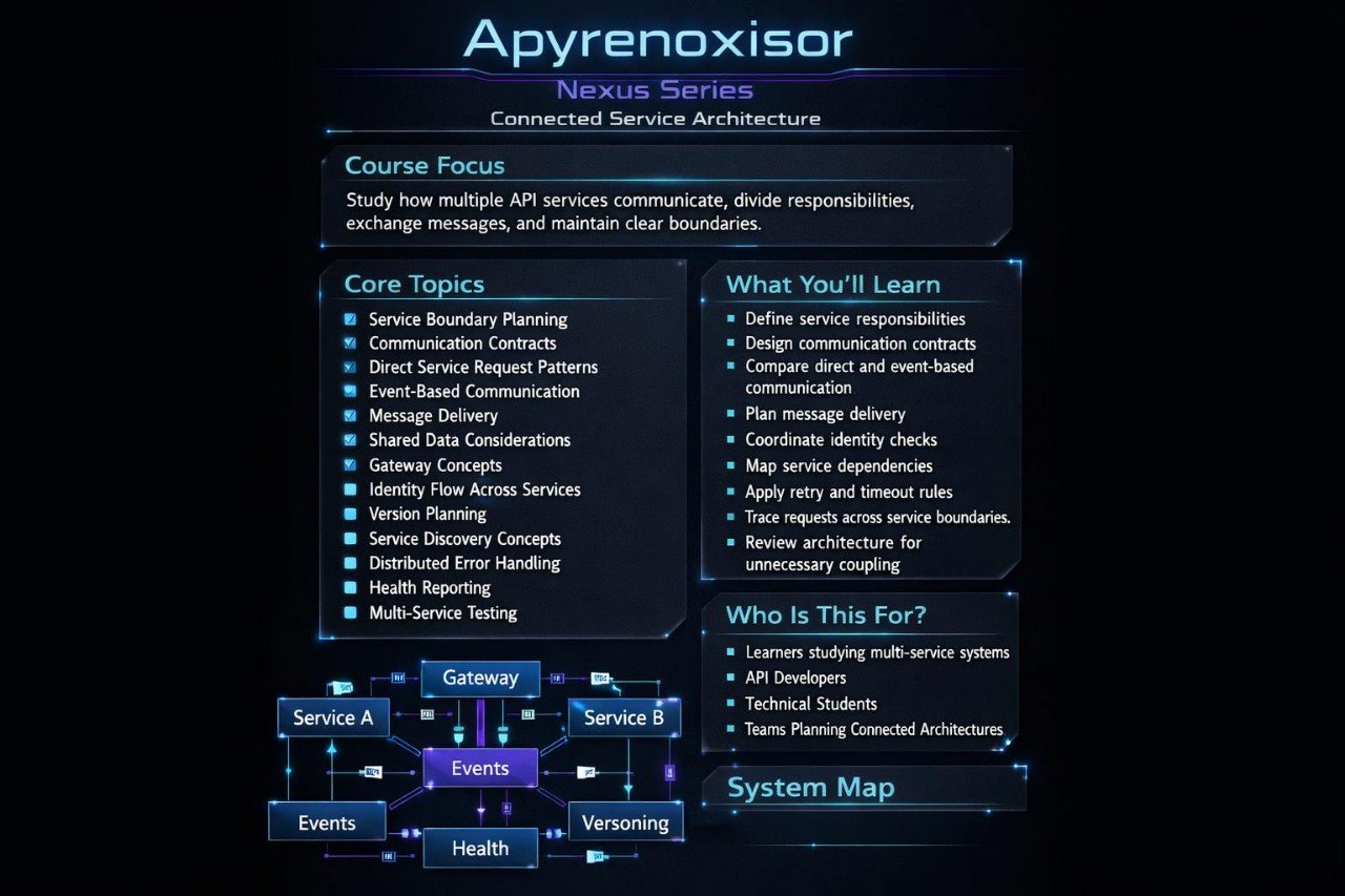 A dark digital course outline graphic titled 'Apyrenoxisr Nexus Series Connected Service Architecture' with multiple text panels detailing course topics, learning objectives, and a service flow diagram.