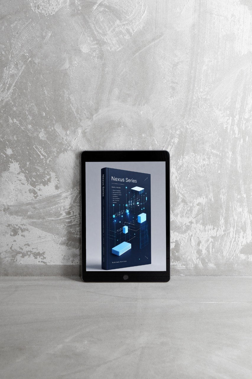 A tablet device standing upright on a light gray surface against a textured gray wall, displaying a book cover titled 'Nexus Series' with a dark blue and black design featuring glowing blue geometric elements.