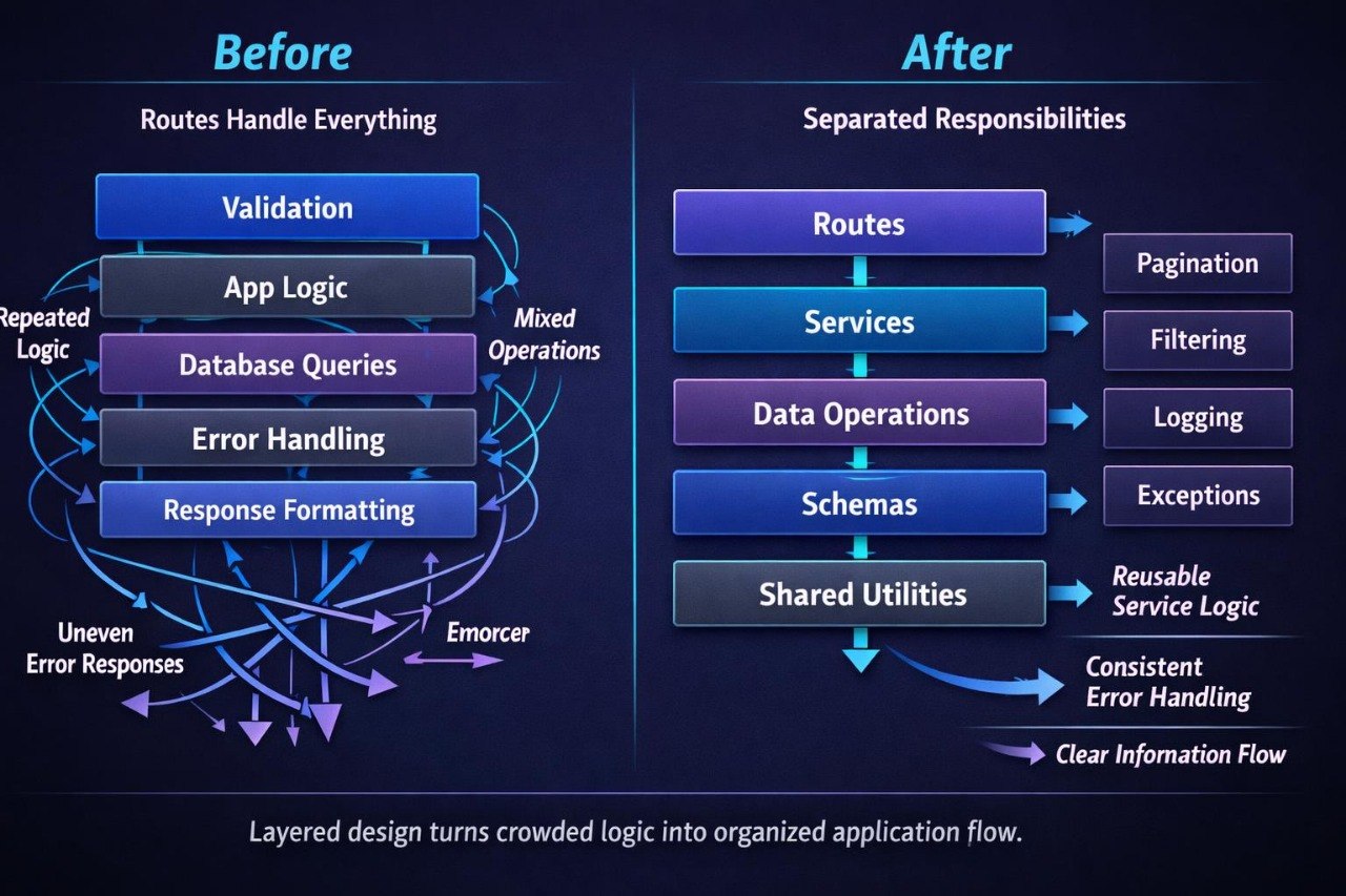 A digital diagram comparing a 'Before' state and 'After' state of a software architecture. The left side, labeled 'Before', shows a tangled, cluttered flow of blue and purple lines and boxes for 'Routes', 'App Logic', 'Database Queries', 'Error Handling', and 'Response Formatting'.