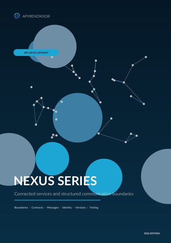 A dark navy cover design for the Apirenexusor Nexus Series, featuring abstract light blue and gray circles connected by thin white lines on a dark background, with the title 'NEXUS SERIES' in large white text.