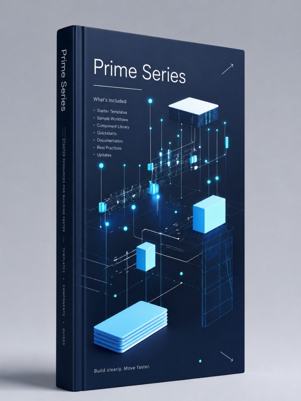 A hardcover book titled "Prime Series" standing upright on a light gray background. The cover is dark navy blue with white text and glowing cyan-blue isometric geometric graphics.
