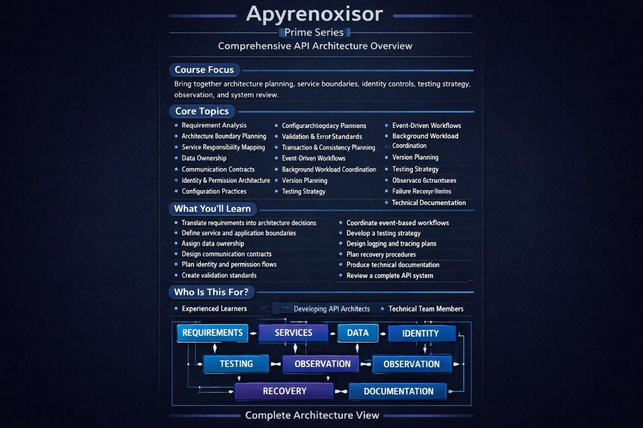A digital course overview graphic for 'Apyrenosisor Prime Series: Comprehensive API Architecture Overview'. The graphic features a dark navy blue background with white text and a central blue flowchart detailing course topics such as requirements analysis, service responsibility mapping, and data ownership, along with key learning outcomes and an API architecture diagram.