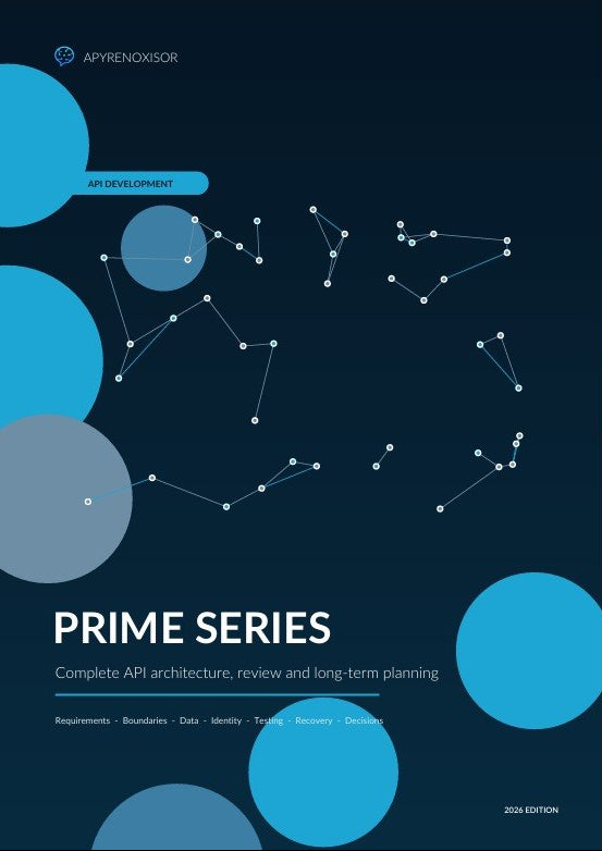 A book or guide cover titled "PRIME SERIES" with the subtitle "Complete API architecture, review and long-term planning." The cover has a dark navy background with large light blue and gray circles and white line-drawing graphics.
