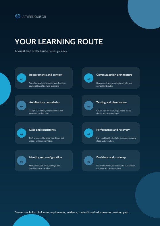A digital infographic titled 'YOUR LEARNING ROUTE' from Apprendor, displaying a 'Prime Series journey' as a visual map of technical topics like requirements, architecture, testing, and performance on a dark blue background with light blue circular accents.